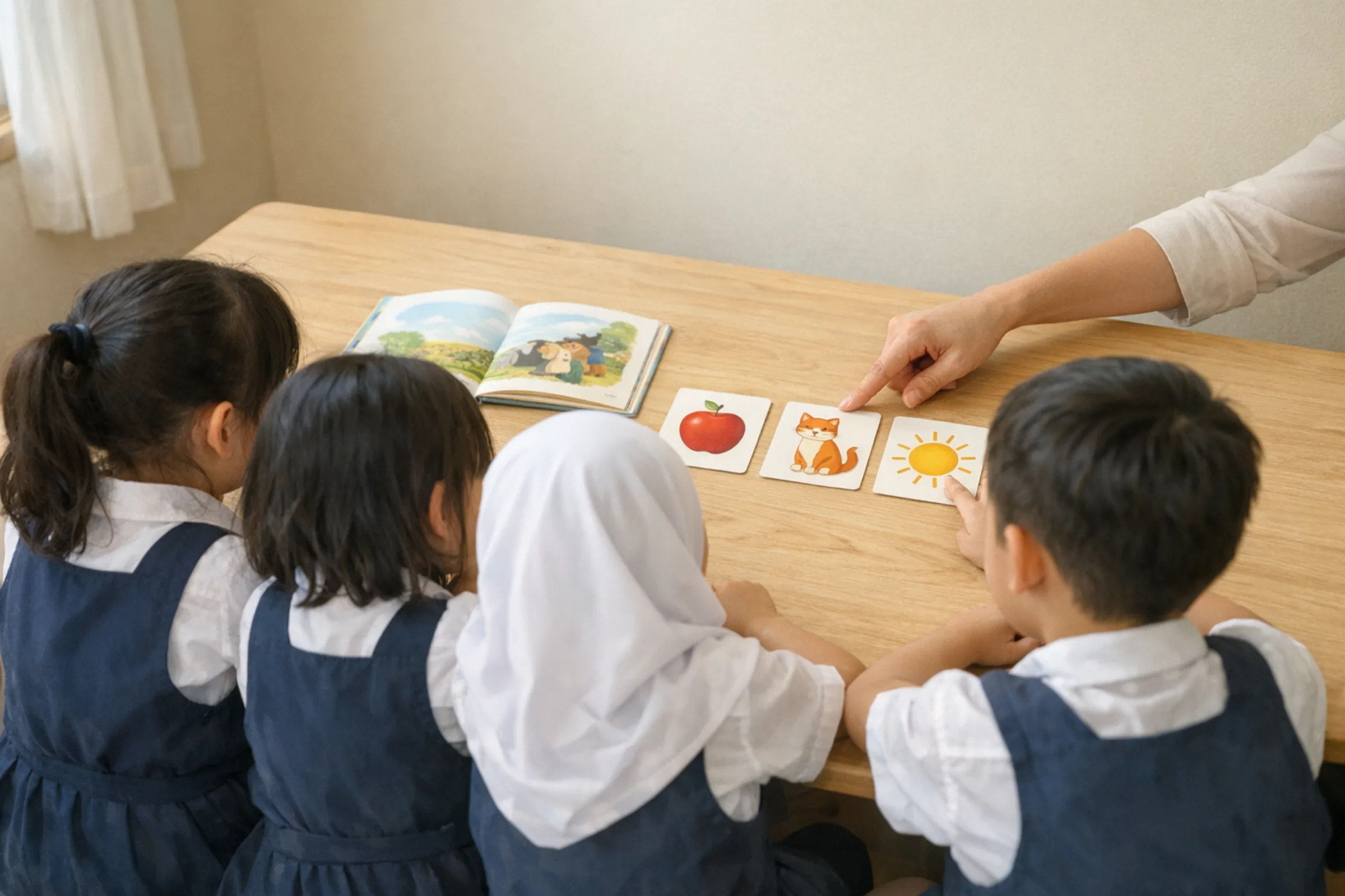 Four children seen from behind at a table as a teacher points to picture cards of an apple, a cat and the sun